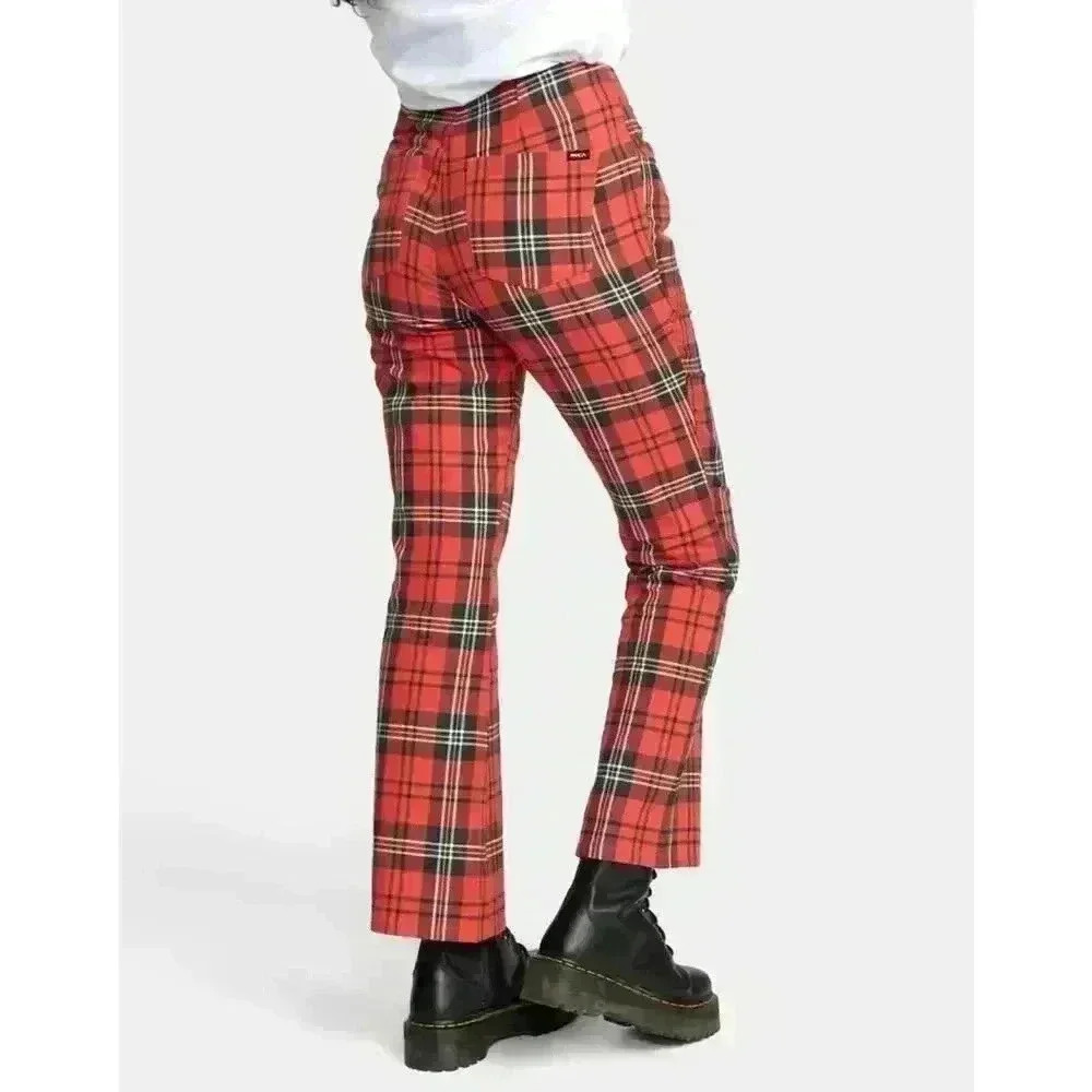 RVCA x Stella Maxwell NWT Women’s Ramone Pants Size 29 Red Plaid Punk Grunge Emo - Picture 1 of 16